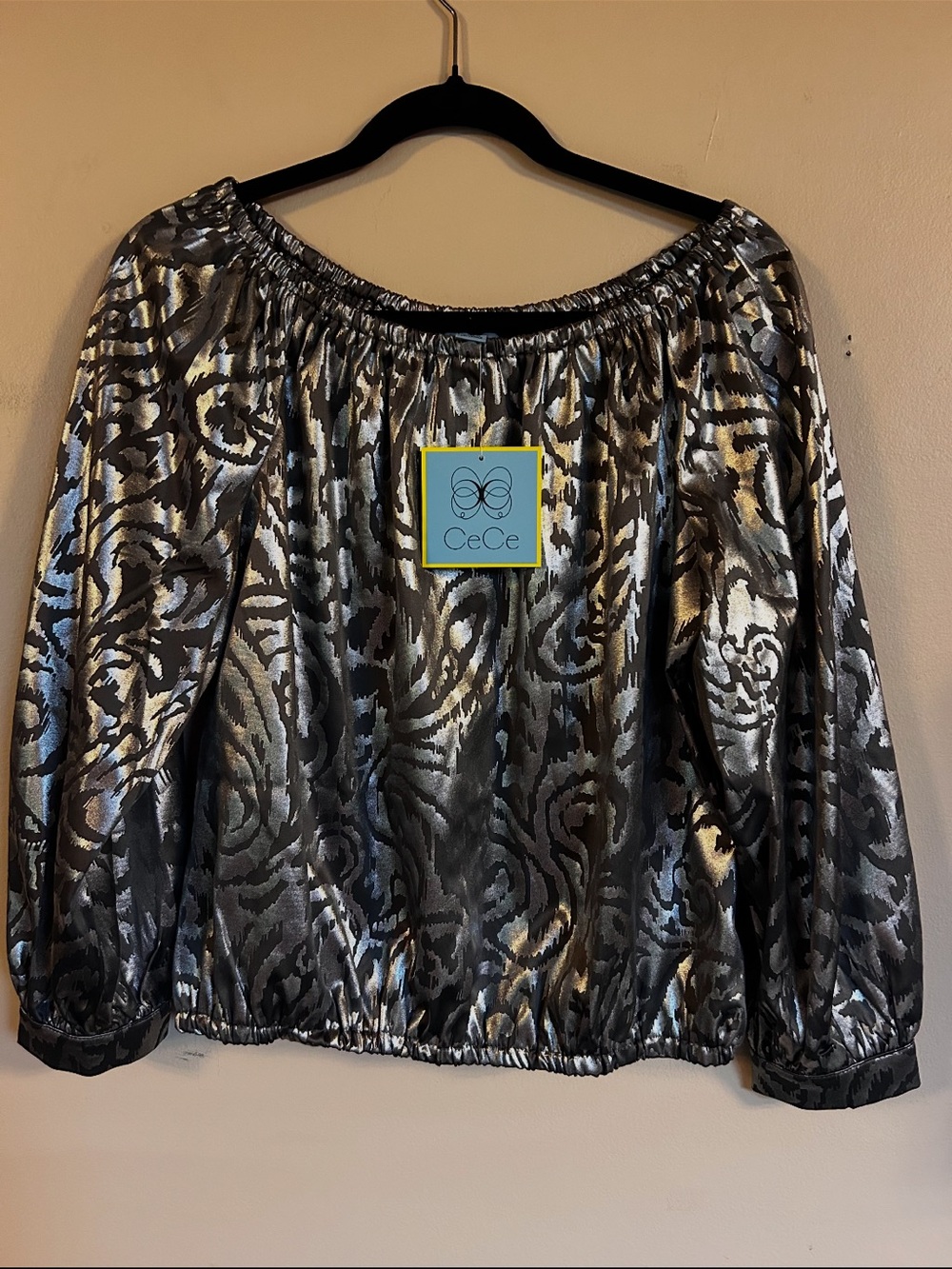 CeCe Metallic Silver Foil Blouse Medium NWT